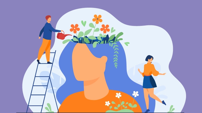 un pintor dibujando un mural con una mujer que tiene flores saliendo de su cabeza